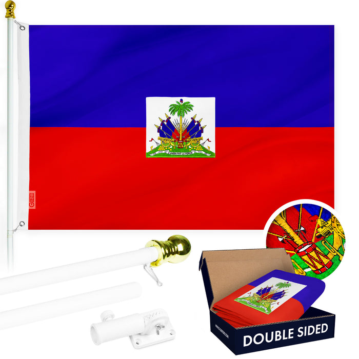 G128 Combo Pack: Flag Pole 6 FT White Tangle Free & Haiti Haitian Flag 3x5 FT Double Sided Embroidered 210D Polyester