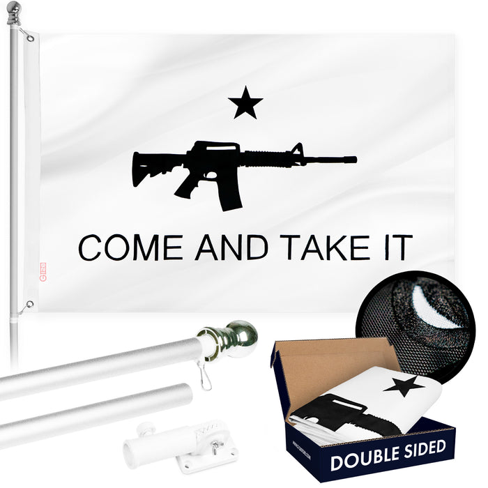 G128 Combo Pack: 6 Ft Tangle Free Aluminum Spinning Flagpole (Silver) & Come and Take It Rifle White Flag 3x5 Ft, Double ToughWeave Series Double Sided Embroidered 210D Polyester | Pole with Flag