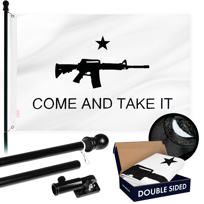 G128 Combo Pack: 6 Ft Tangle Free Aluminum Spinning Flagpole (Black) & Come and Take It Rifle White Flag 3x5 Ft, Double ToughWeave Series Double Sided Embroidered 210D Polyester | Pole with Flag