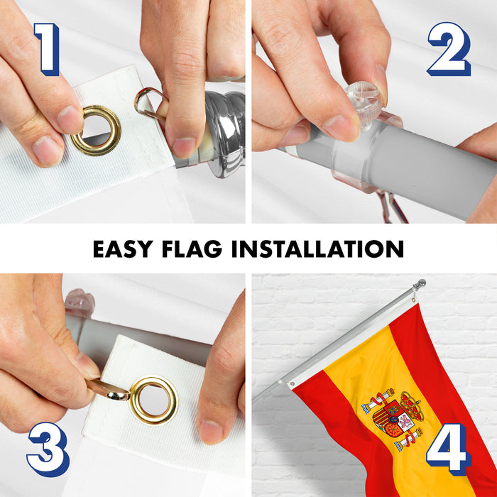 G128 Combo Pack: 6 Ft Tangle Free Aluminum Spinning Flagpole (Silver) & Spain Spanish Flag 3x5 Ft, Double ToughWeave Series Double Sided Embroidered 210D Polyester | Pole with Flag Included