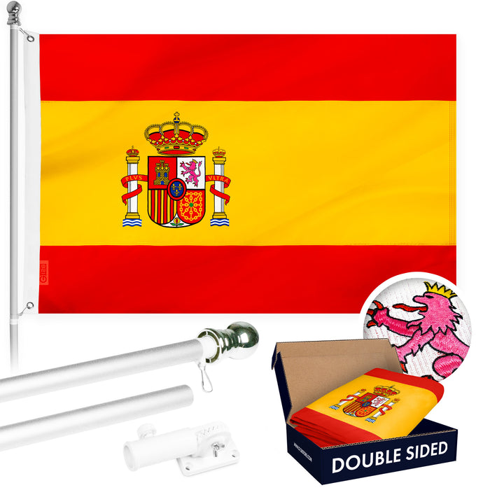 G128 Combo Pack: 6 Ft Tangle Free Aluminum Spinning Flagpole (Silver) & Spain Spanish Flag 3x5 Ft, Double ToughWeave Series Double Sided Embroidered 210D Polyester | Pole with Flag Included