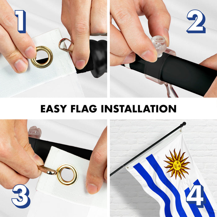 G128 Combo Pack: 6 Ft Tangle Free Aluminum Spinning Flagpole (Black) & Uruguay Uruguayan Flag 3x5 Ft, Double ToughWeave Series Double Sided Embroidered 210D Polyester | Pole with Flag Included