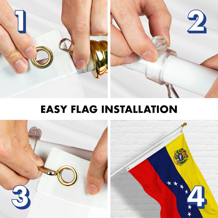 G128 Combo Pack: 6 Ft Tangle Free Aluminum Spinning Flagpole (White) & Venezuela Venezuelan Flag 3x5 Ft, Double ToughWeave Series Double Sided Embroidered 210D Polyester | Pole with Flag Included