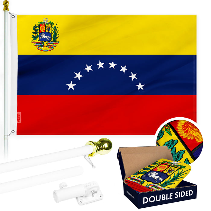 G128 Combo Pack: 6 Ft Tangle Free Aluminum Spinning Flagpole (White) & Venezuela Venezuelan Flag 3x5 Ft, Double ToughWeave Series Double Sided Embroidered 210D Polyester | Pole with Flag Included