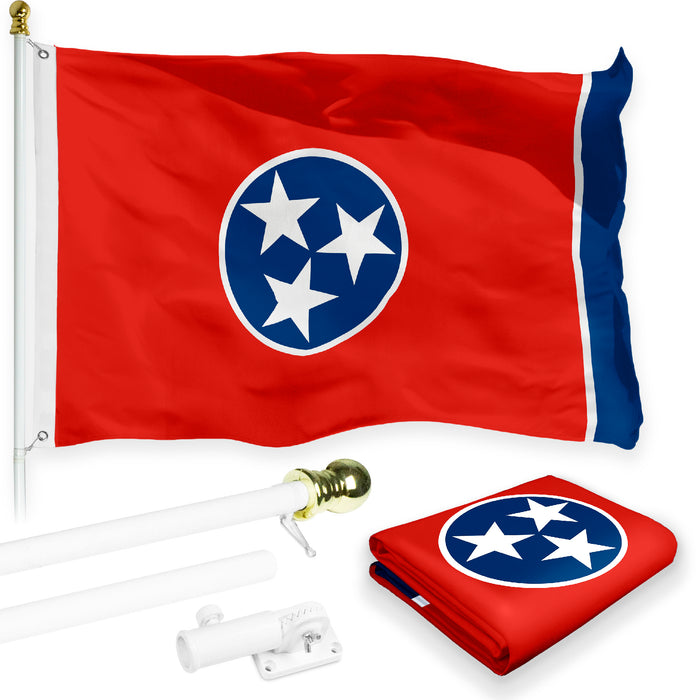 G128 Combo Pack: 6 Feet Tangle Free Spinning Flagpole (White) Tennessee TN State Flag 3x5 ft Printed 150D Brass Grommets (Flag Included) Aluminum Flag Pole
