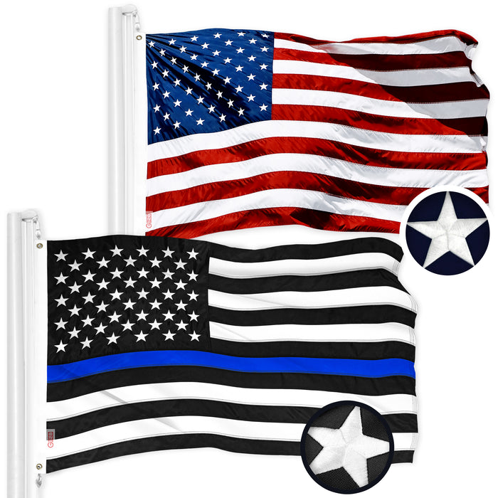 G128 Combo Pack: American USA Flag 20x30 In & Thin Blue Line Flag 20x30 In | Both ToughWeave Series Embroidered 300D Polyester, Embroidered Design, Indoor/Outdoor, Brass Grommets