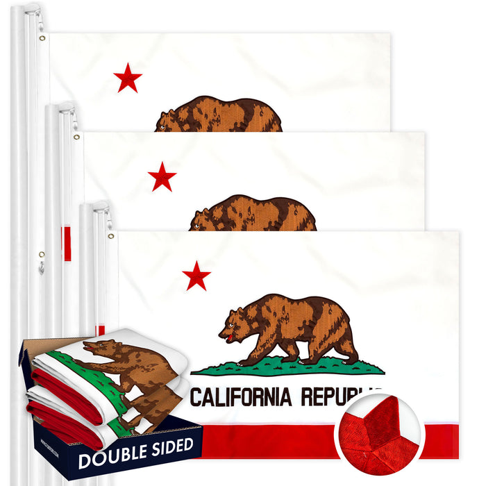 G128 3 PACK: California State Flag 4x6 Ft Double Sided Embroidered 210D Indoor/Outdoor, Brass Grommets, Heavy Duty Polyester, 3-ply