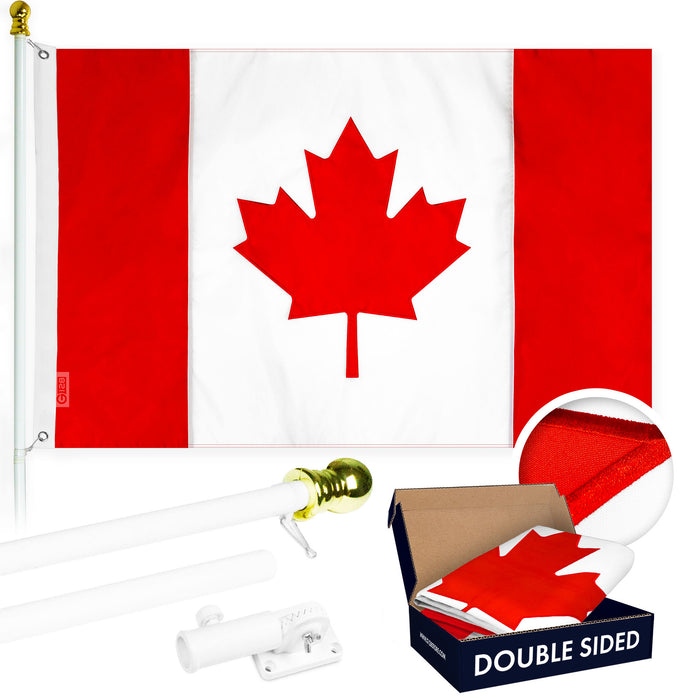 G128 Combo Pack: 5 Ft Tangle Free Aluminum Spinning Flagpole (White) & Canada Canadian Flag 2.5x4 Ft, Double ToughWeave Series Double Sided Embroidered 210D Polyester | Pole with Flag Included