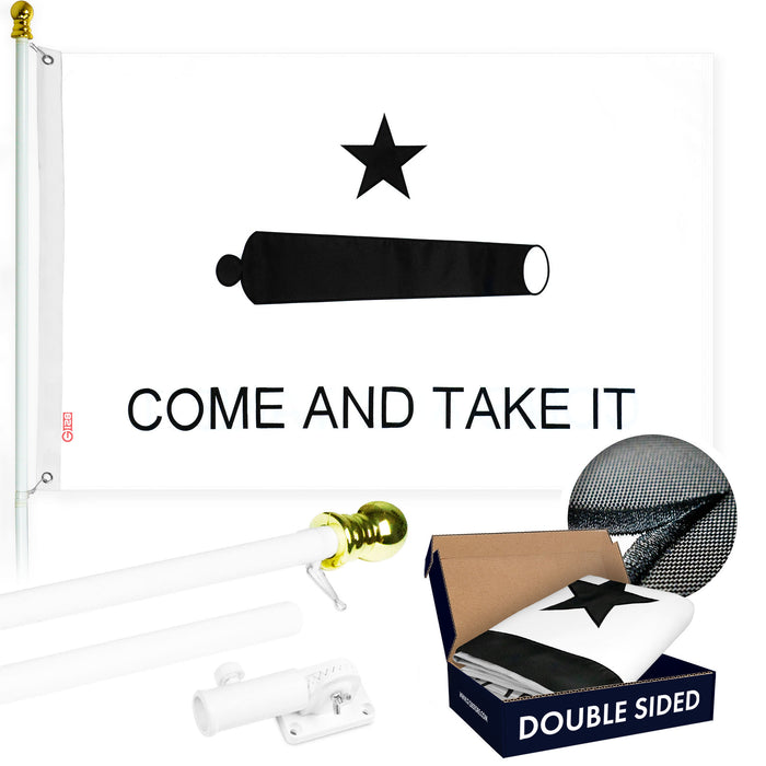 G128 Combo Pack: Flag Pole 5 FT White Tangle Free & Come and Take It Flag 2x3 FT Double Sided Embroidered 210D Heavy Duty Polyester - Indoor/Outdoor, Vibrant Colors, Brass Grommets, 3-ply