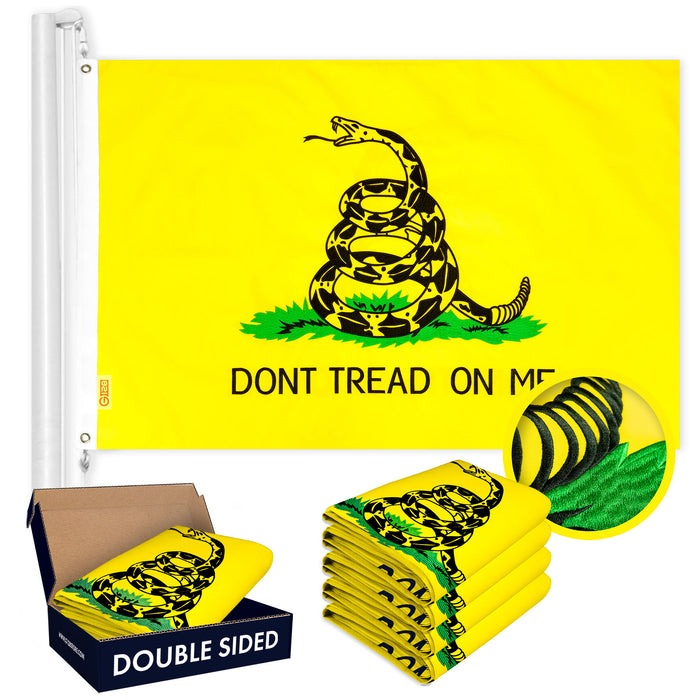G128 5 Pack: Gadsden Don't Tread On Me Flag | 1x1.5 Ft | Double ToughWeave Series Double Sided Embroidered 210D Polyester | Historical Flag, Embroidered Design, Brass Grommets, Heavy Duty, 3-ply