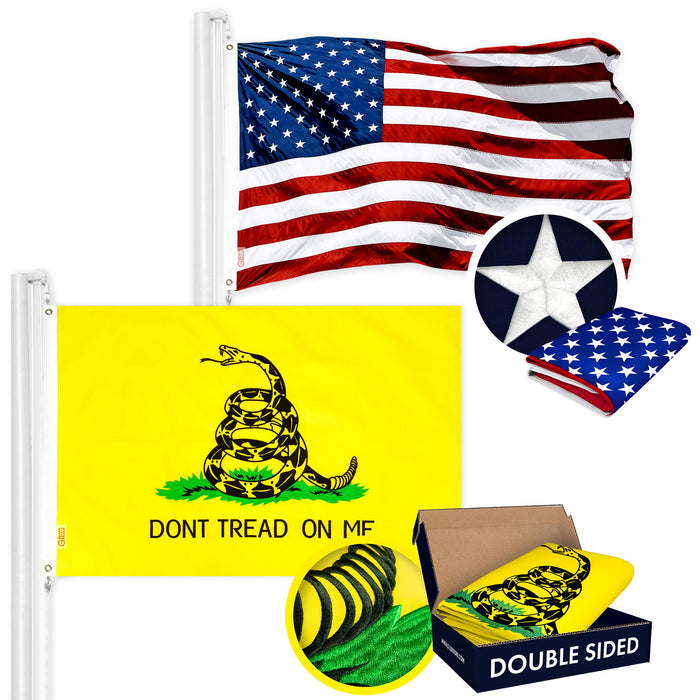 G128 Combo Pack: American USA Flag ToughWeave Series 2x3 Ft Single Sided & Gadsden Don't Tread On Me Flag Double Sided 2x3 Ft Double ToughWeave Series | Both Embroidered Polyester, Brass Grommets