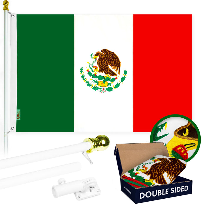 G128 Combo Pack: 5 Ft Tangle Free Aluminum Spinning Flagpole (White) & Mexico Mexican Flag 2.5x4 Ft, Double ToughWeave Series Double Sided Embroidered 210D Polyester | Pole with Flag Included