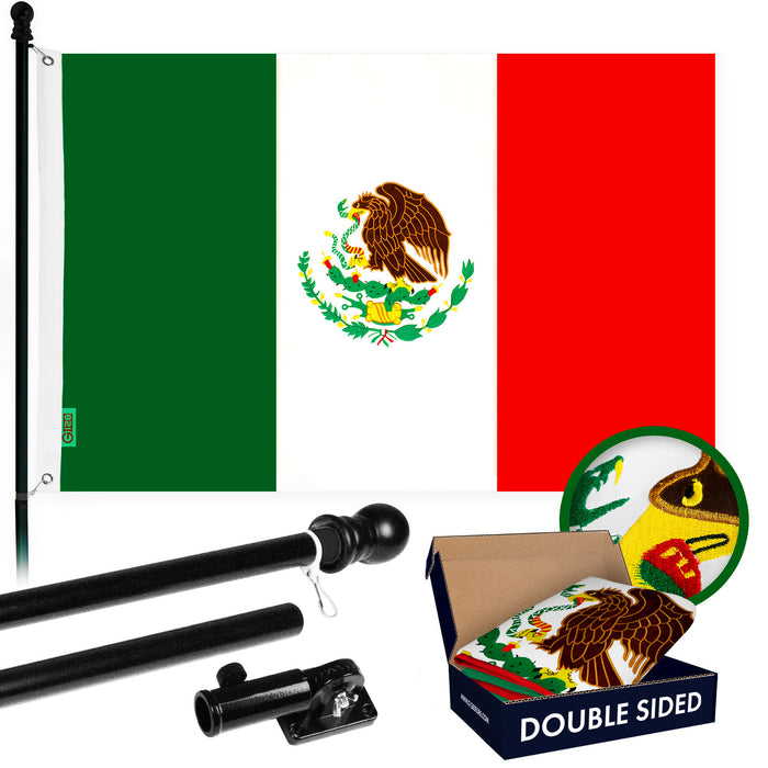 G128 Combo Pack: 5 Ft Tangle Free Aluminum Spinning Flagpole (Black) & Mexico Mexican Flag 2.5x4 Ft, Double ToughWeave Series Double Sided Embroidered 210D Polyester | Pole with Flag Included