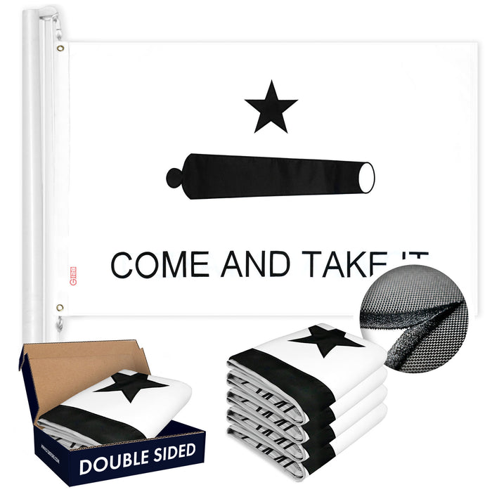 G128 5-Pack: Come and Take It Flag 4x6 FT Double Sided Embroidered 210D Heavy Duty Polyester - Indoor/Outdoor, Vibrant Colors, Brass Grommets, 3-ply