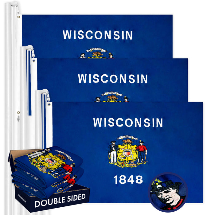 Wisconsin WI State Flag 3x5 Ft 3-Pack Double-sided Embroidered Polyester By G128