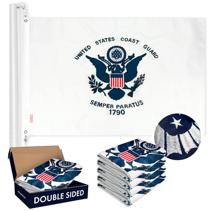 G128 5 PACK: US Coast Guard Flag 3x5 Ft Double-sided Embroidered Polyester