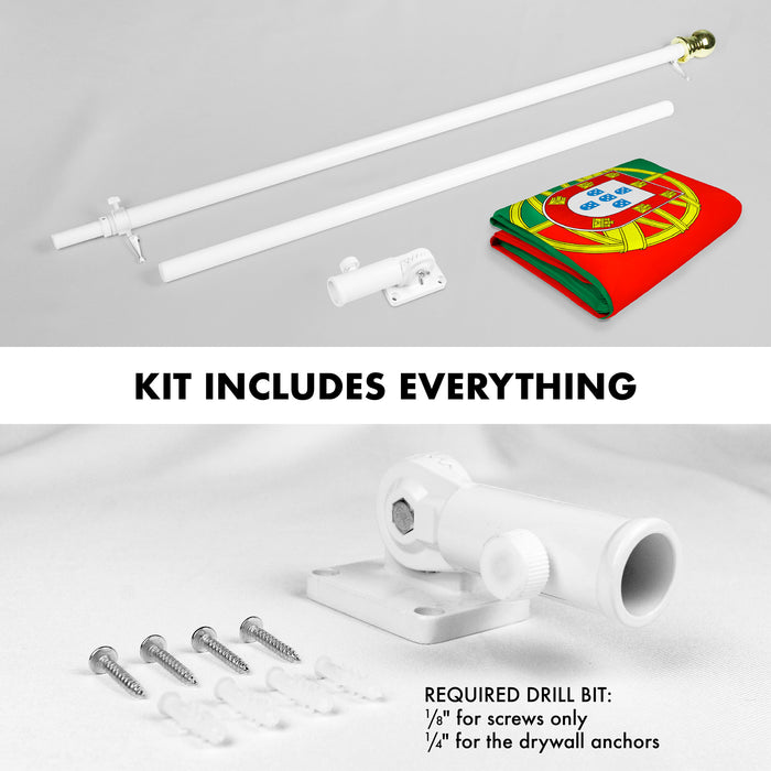 G128 Combo Pack: 6 Ft Tangle Free Aluminum Spinning Flagpole (White) & Portugal Portuguese Flag 3x5 Ft, Double ToughWeave Series Double Sided Embroidered 210D Polyester | Pole with Flag Included