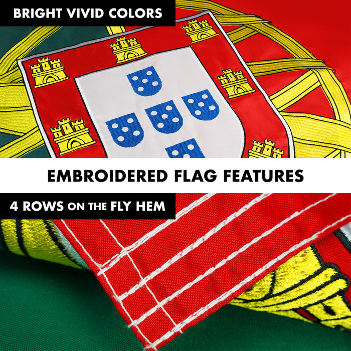 G128 Combo Pack: 6 Ft Tangle Free Aluminum Spinning Flagpole (Silver) & Portugal Portuguese Flag 3x5 Ft, Double ToughWeave Series Double Sided Embroidered 210D Polyester | Pole with Flag Included