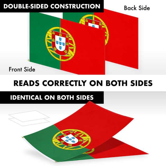 G128 Combo Pack: 6 Ft Tangle Free Aluminum Spinning Flagpole (White) & Portugal Portuguese Flag 3x5 Ft, Double ToughWeave Series Double Sided Embroidered 210D Polyester | Pole with Flag Included