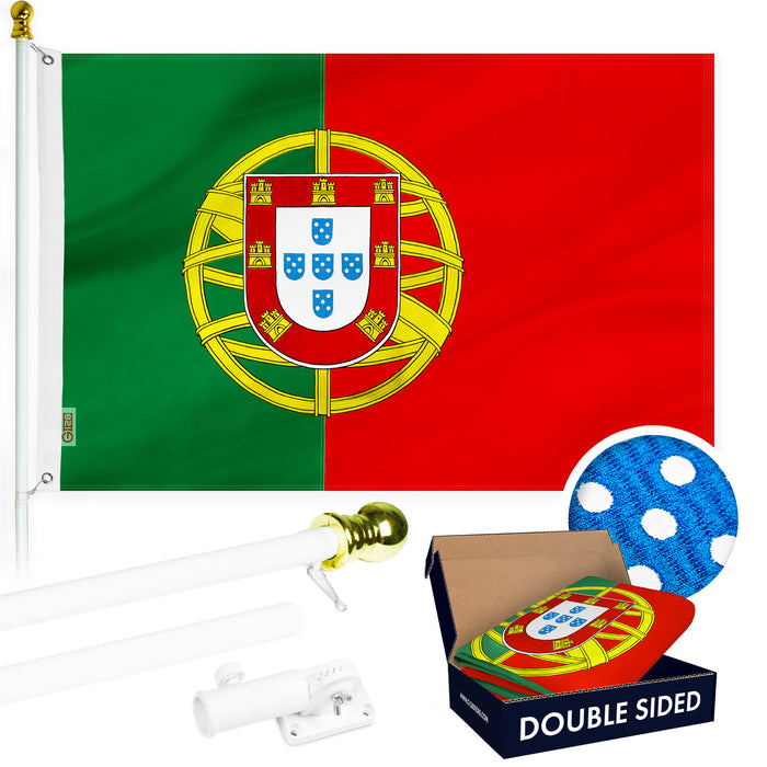 G128 Combo Pack: 6 Ft Tangle Free Aluminum Spinning Flagpole (White) & Portugal Portuguese Flag 3x5 Ft, Double ToughWeave Series Double Sided Embroidered 210D Polyester | Pole with Flag Included