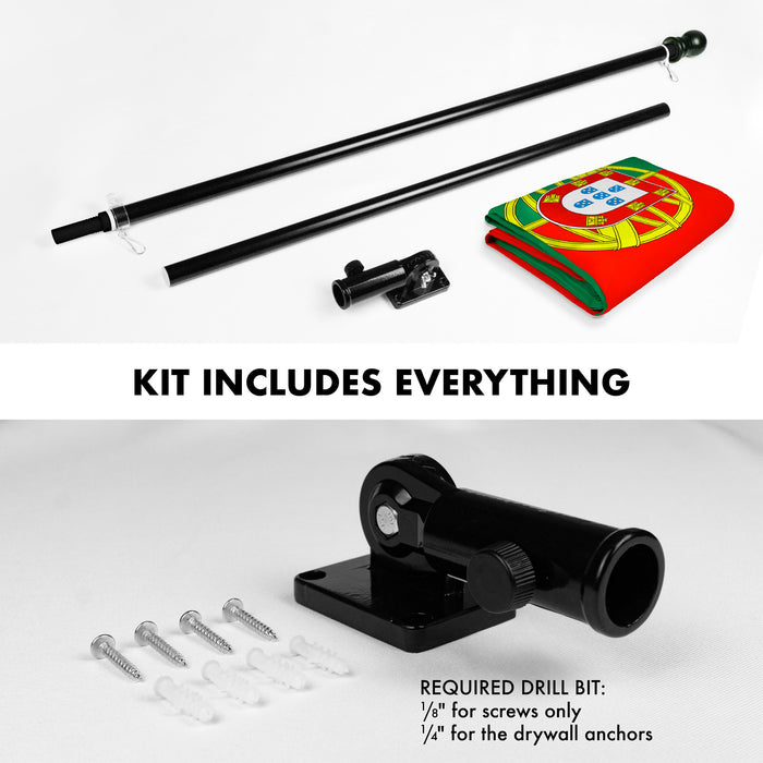 G128 Combo Pack: 6 Ft Tangle Free Aluminum Spinning Flagpole (Black) & Portugal Portuguese Flag 3x5 Ft, Double ToughWeave Series Double Sided Embroidered 210D Polyester | Pole with Flag Included