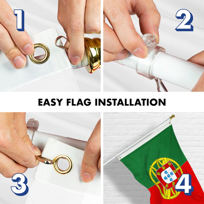 G128 Combo Pack: 6 Ft Tangle Free Aluminum Spinning Flagpole (White) & Portugal Portuguese Flag 3x5 Ft, Double ToughWeave Series Double Sided Embroidered 210D Polyester | Pole with Flag Included