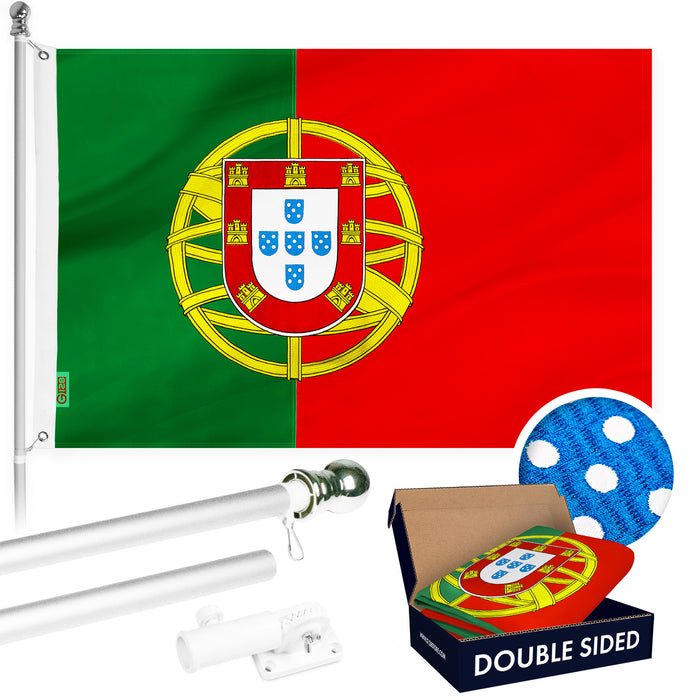 G128 Combo Pack: 6 Ft Tangle Free Aluminum Spinning Flagpole (Silver) & Portugal Portuguese Flag 3x5 Ft, Double ToughWeave Series Double Sided Embroidered 210D Polyester | Pole with Flag Included