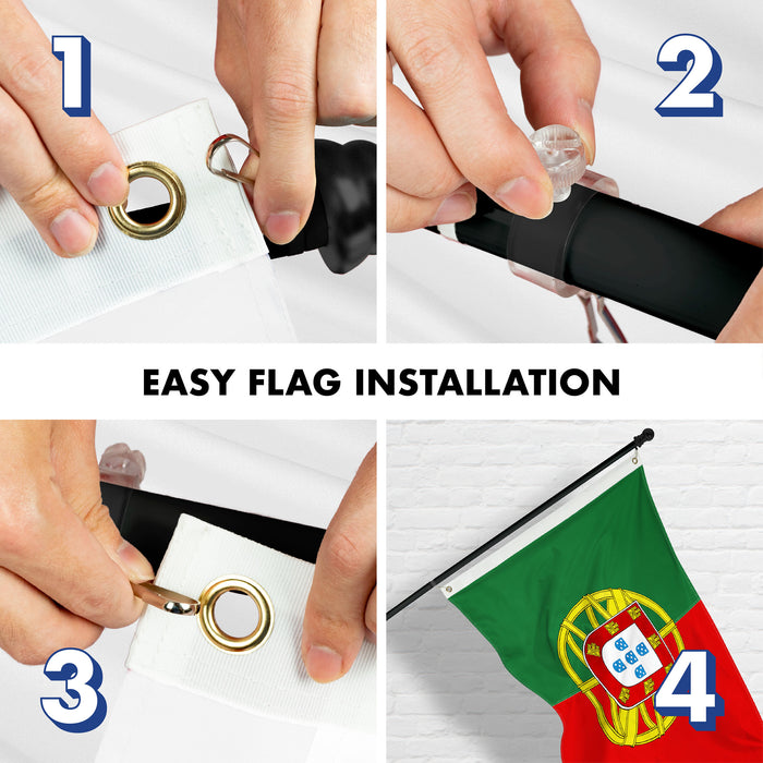 G128 Combo Pack: 6 Ft Tangle Free Aluminum Spinning Flagpole (Black) & Portugal Portuguese Flag 3x5 Ft, Double ToughWeave Series Double Sided Embroidered 210D Polyester | Pole with Flag Included