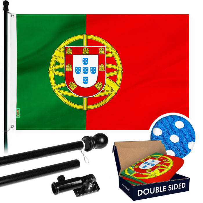 G128 Combo Pack: 6 Ft Tangle Free Aluminum Spinning Flagpole (Black) & Portugal Portuguese Flag 3x5 Ft, Double ToughWeave Series Double Sided Embroidered 210D Polyester | Pole with Flag Included