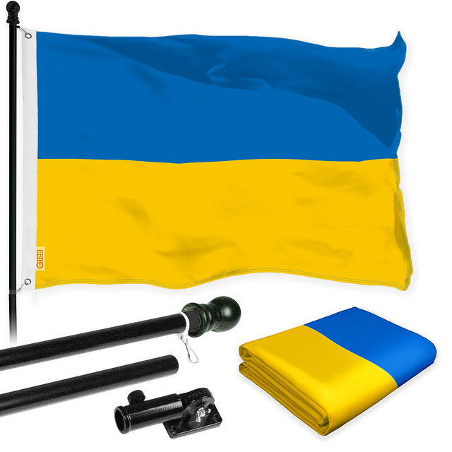 G128 Flag Pole 6FT Black Tangle Free & Ukraine Ukrainian Flag 3x5 Ft Combo Printed 150D Polyester