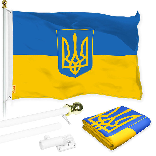 G128 Flag Pole 6FT White Tangle Free & Ukraine Ukrainian Coat of Arms Flag 3x5 Ft Combo Printed 150D Polyester