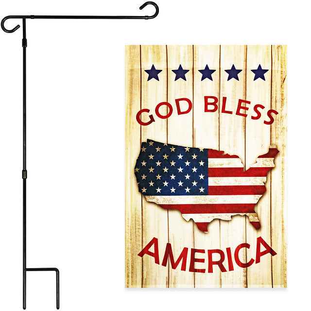 G128 Combo Pack: Garden Flag Stand Black 36x16 Inch & Garden Flag God Bless America USA Flag Map 12x18 Inch