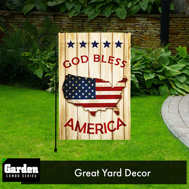 G128 Combo Pack: Garden Flag Stand Black 36x16 Inch & Garden Flag God Bless America USA Flag Map 12x18 Inch