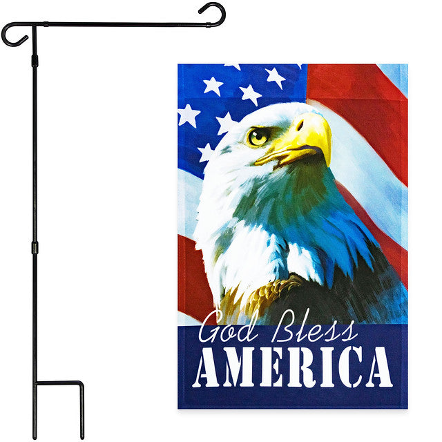 G128 Combo Pack: Garden Flag Stand Black 36x16 Inch & Garden Flag God Bless America USA Flag with Eagle 12x18 Inch
