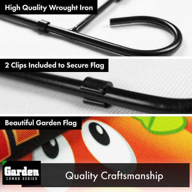 G128 Combo Pack: Garden Flag Stand Black 36x16 Inch & Garden Flag Happy Halloween Three Pumpkins 12x18 Inch