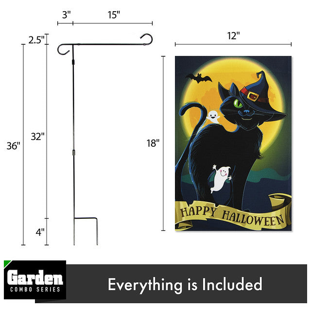 G128 Combo Pack: Garden Flag Stand Black 36x16 Inch & Garden Flag Happy Halloween Black Cat Moon 12x18 Inch