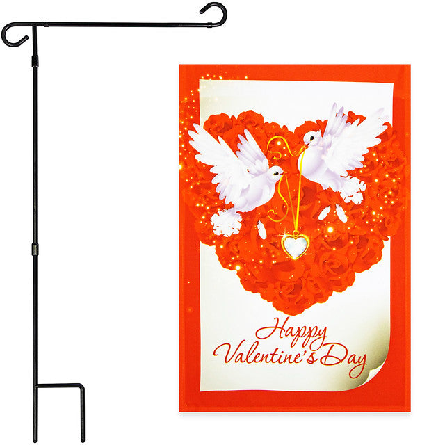 G128 Combo Pack: Garden Flag Stand Black 36x16 Inch & Garden Flag Happy Valentine's Day Doves 12x18 Inch