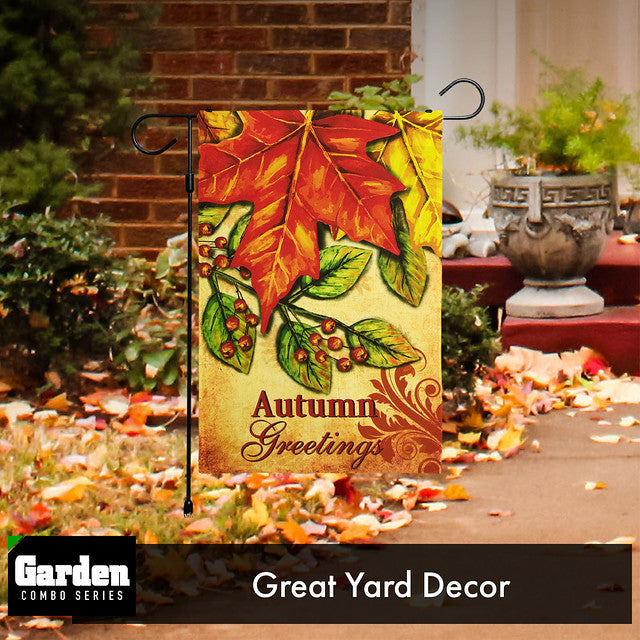 G128 Combo Pack: Garden Flag Stand Black 36x16 Inch & Garden Flag Autumn Greetings Large Maple Leaf 12x18 Inch