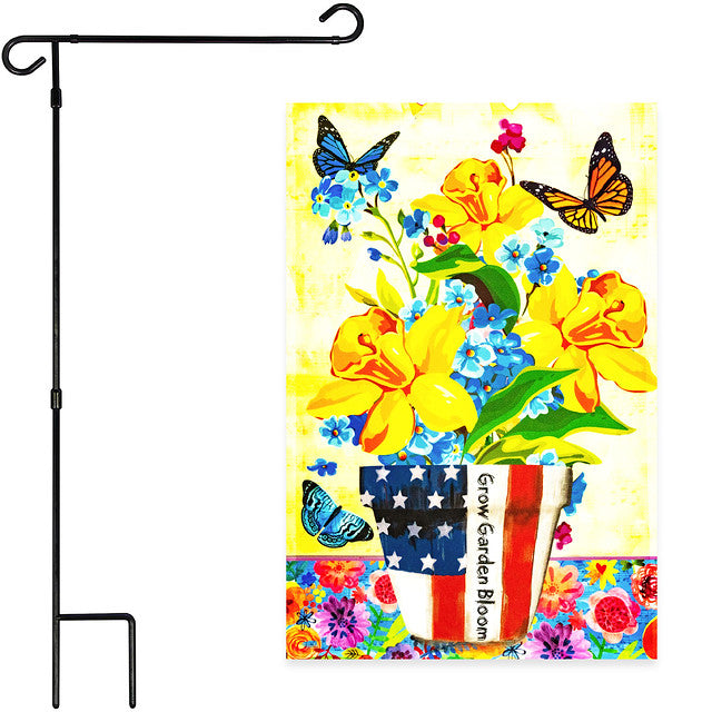 G128 Combo Pack: Garden Flag Stand Black 36x16 Inch & Garden Flag Garden Spring Bloom USA Flower Pot with Butterflies 12x18 Inch