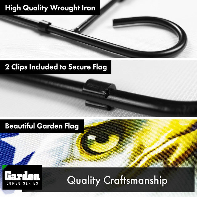 G128 Combo Pack: Garden Flag Stand Black 36x16 Inch & Garden Flag God Bless America USA Flag with Eagle 12x18 Inch