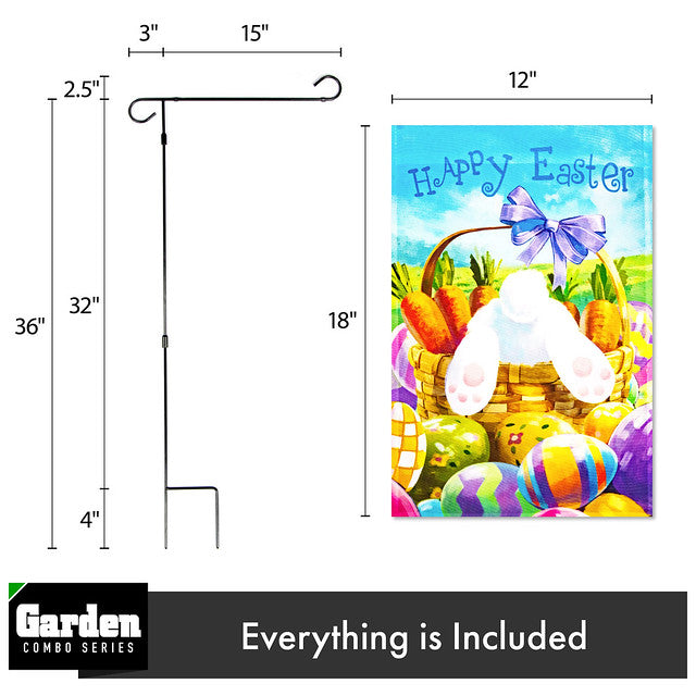 G128 Combo Pack: Garden Flag Stand Black 36x16 Inch & Garden Flag Happy Easter Carrots Colorful Eggs with Bunny in Basket 12x18 Inch