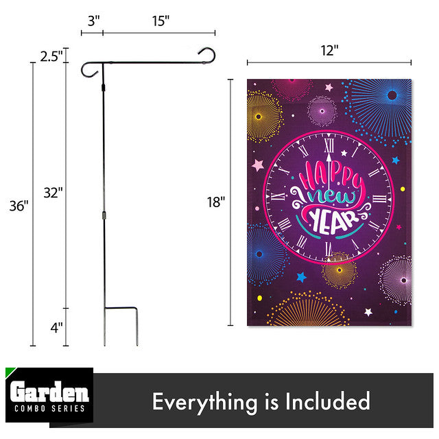 G128 Combo Pack: Garden Flag Stand Black 36x16 Inch & Garden Flag Happy New Year Midnight Clock 12x18 Inch