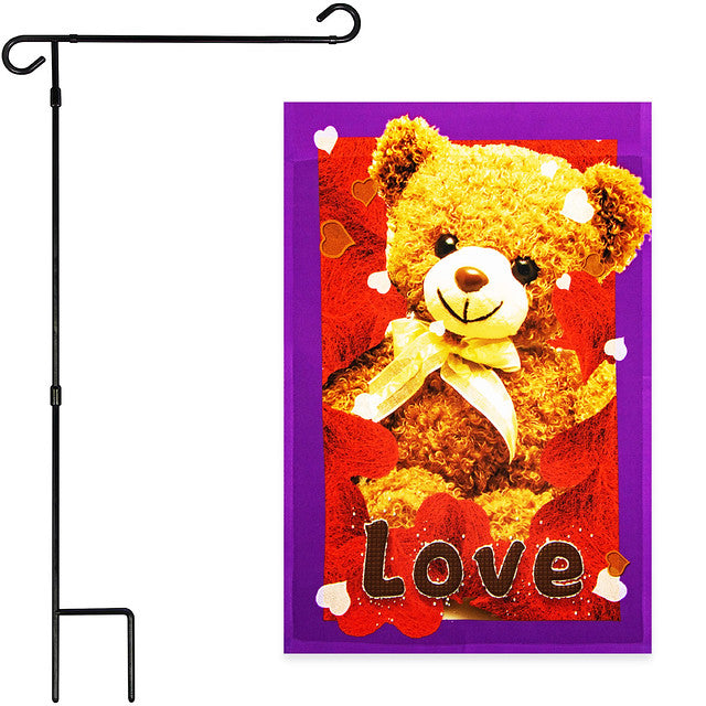 G128 Combo Pack: Garden Flag Stand Black 36x16 Inch & Garden Flag Love Toy Bear 12x18 Inch