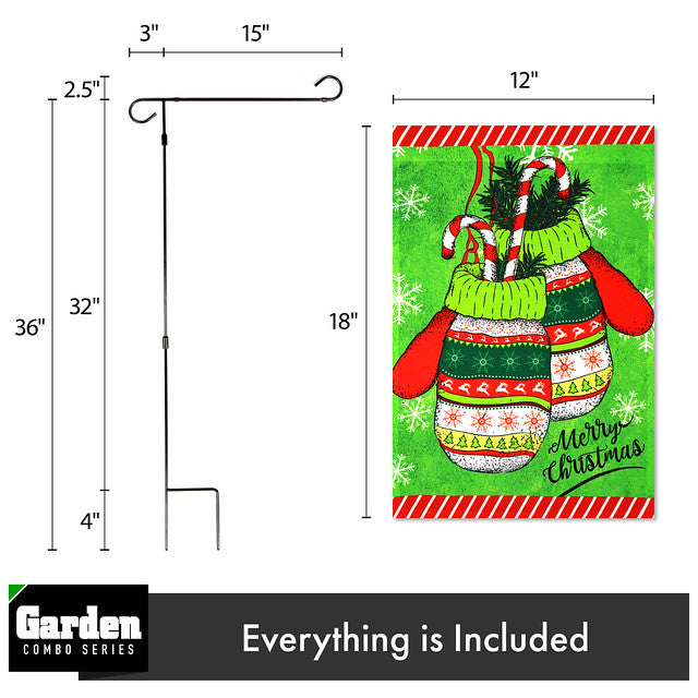 G128 Combo Pack: Garden Flag Stand Black 36x16 Inch & Garden Flag Merry Christmas Mittens 12x18 Inch