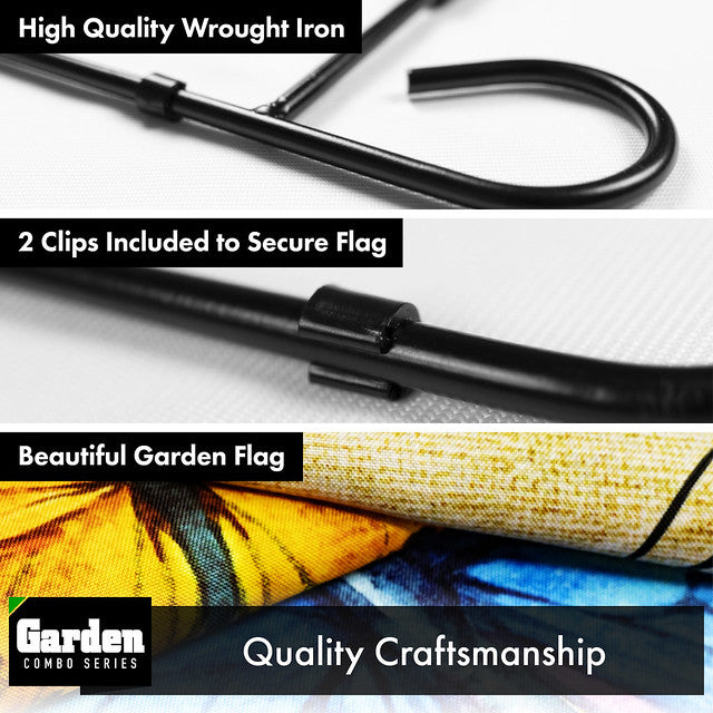 G128 Combo Pack: Garden Flag Stand Black 36x16 Inch & Garden Flag Hello Spring Butterflies Flowers 12x18 Inch