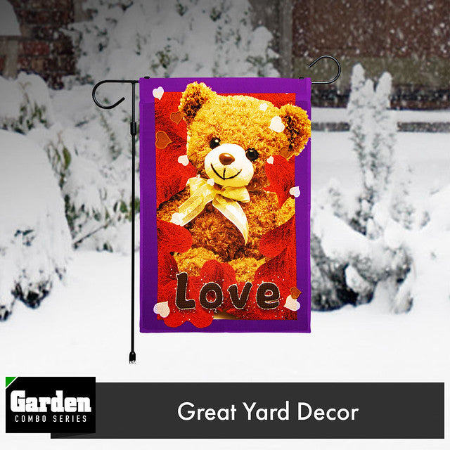 G128 Combo Pack: Garden Flag Stand Black 36x16 Inch & Garden Flag Love Toy Bear 12x18 Inch