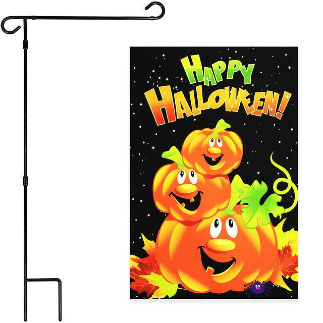 G128 Combo Pack: Garden Flag Stand Black 36x16 Inch & Garden Flag Happy Halloween Three Pumpkins 12x18 Inch