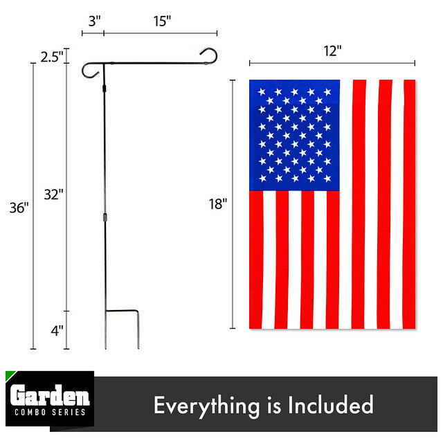 G128 Combo Pack: Garden Flag Stand Black 36x16 Inch & Garden Flag USA America Flag 12x18 Inch
