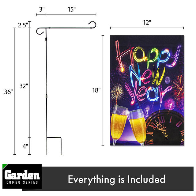 G128 Combo Pack: Garden Flag Stand Black 36x16 Inch & Garden Flag Happy New Year Fireworks and Champagne 12x18 Inch