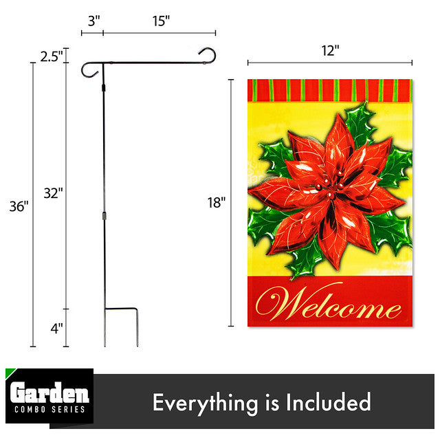 G128 Combo Pack: Garden Flag Stand Black 36x16 Inch & Garden Flag Welcome Red Poinsettia 12x18 Inch